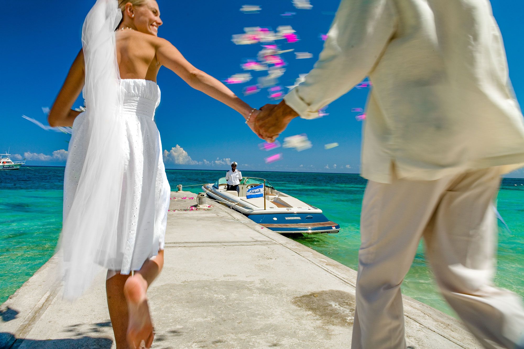 Sandals Montego Bay Wedding Couple Running Pier