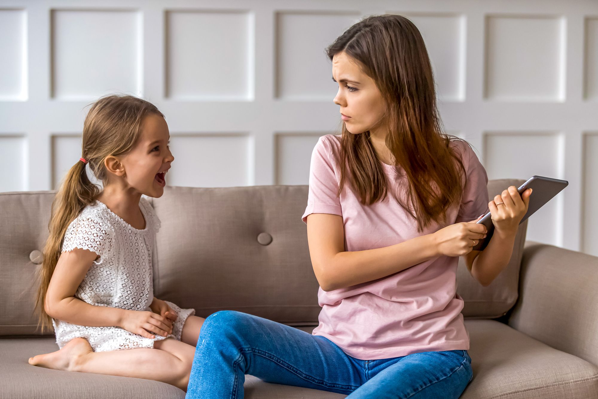 Kid Crying Mother Taking Away Tablet Screen Time